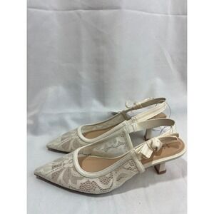 A New Day Women Cream Lace Pointed Toe Slingback Kitten Heel Pumps with Bow 9.5